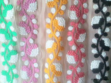 Beige Net Lace Trim With White And Coral / Yellow / Pink / Green / Black Embroidery, Approx. 85mm wide - 200317L257/58/59/60/61